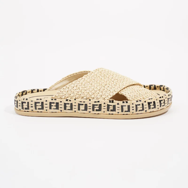 Fendi Womens Raffia Slides Beige EU 38 / UK 5