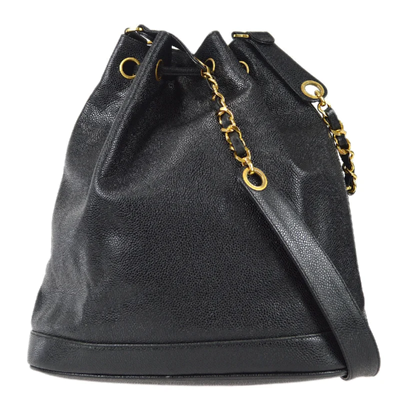 Chanel Bucket Drawstring Chain Shoulder Bag Black Caviar