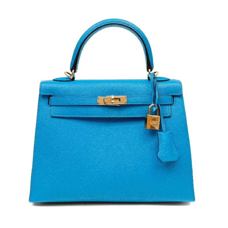 Hermes 25cm Turquoise Blue Chevre Kelly w/ Gold Hardware