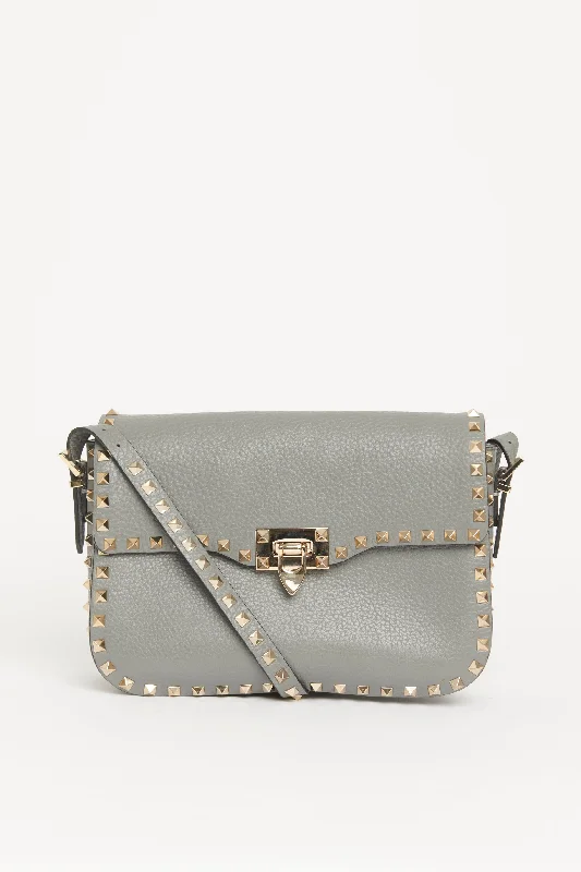 Grey Leather Rockstud Preowned Shoulder Bag