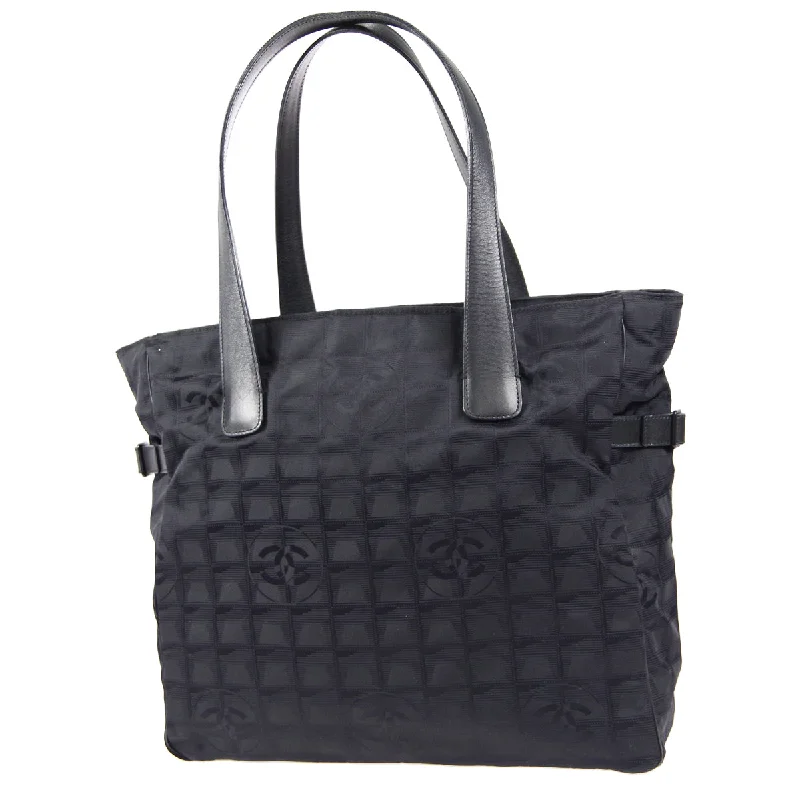 CHANEL Choco Bar Travel Line Tote Handbag Black Jacquard