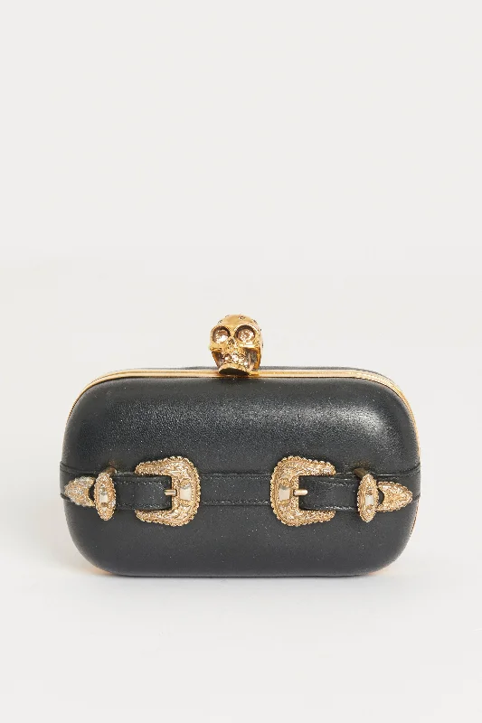 Black Leather Preowned Buckle Skull Box Clutch