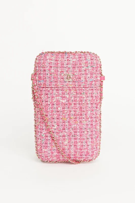 2019 Pink Tweed Chain Around Phone Holder Preowned Crossbody Bag