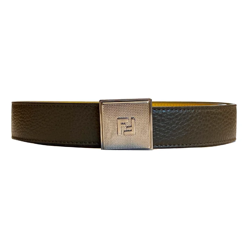 Fendi Yellow Brown Reversible Grained Leather Belt 105