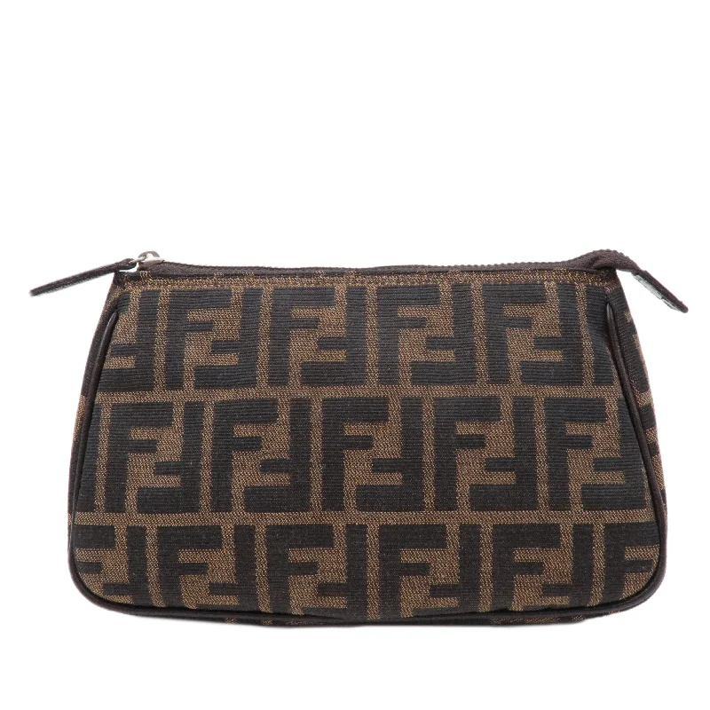 FENDI Zucca Canvas Leather Cosmetic Pouch Brown Black 26387