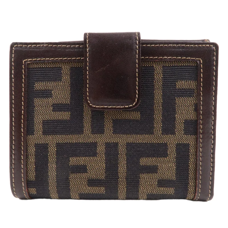 FENDI Zucca Canvas Leather Double Hook Wallet Brown Black 12671