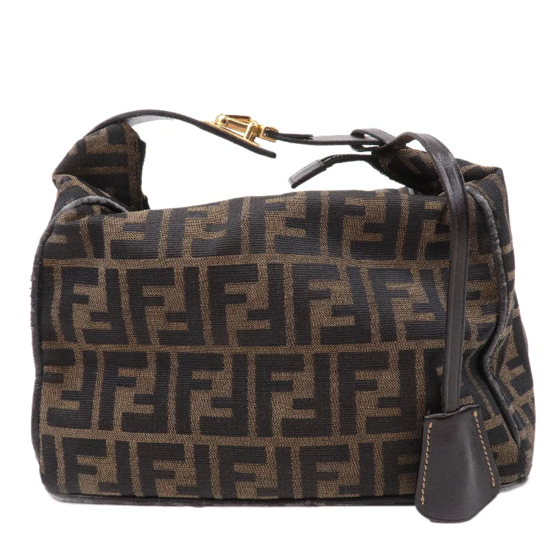 FENDI Zucca Canvas Leather Hand Bag Brown Khaki Black