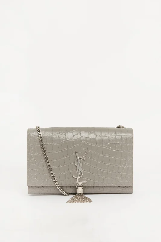 Grey Embossed Leather Kate Tassel Preowned Bag