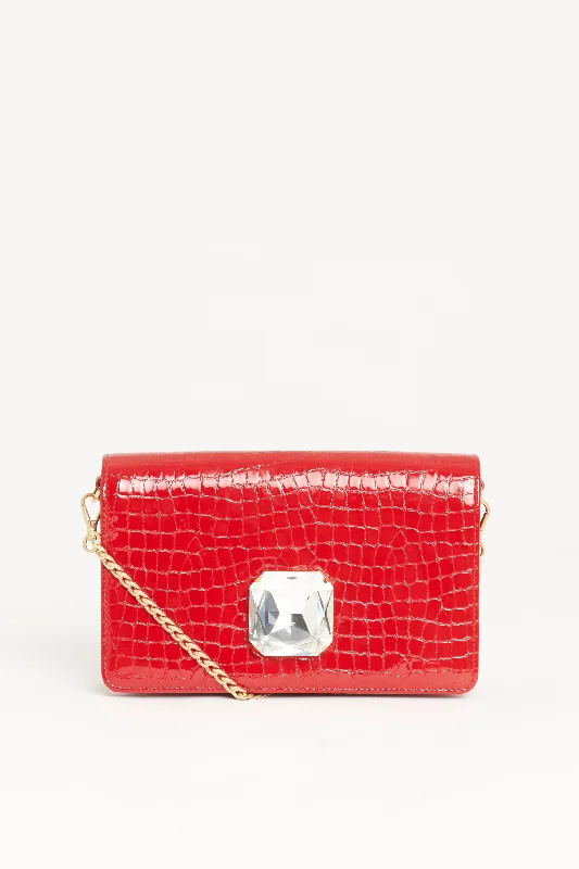 Red Croc Embossed Patent Leather Preowned Crystal Buckle Crossbody Bag