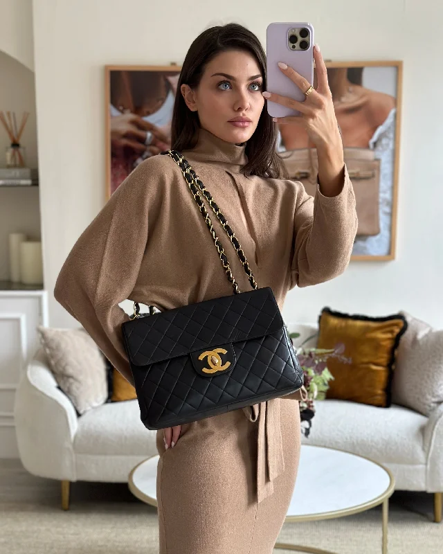 Chanel Black Vintage Maxi Mademoiselle Single Flap Bag in Lambskin with 24K Gold Hardware