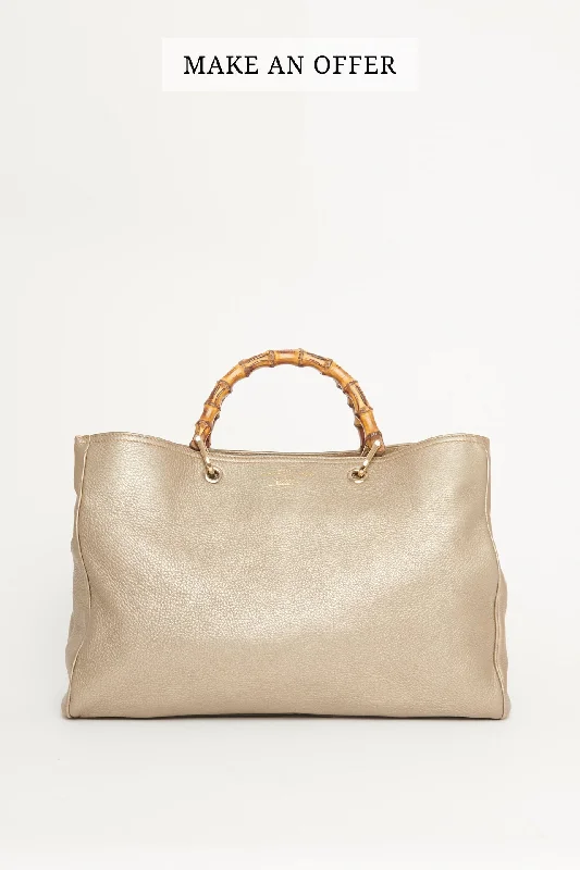 Golden Beige Leather Preowned Bamboo Tote