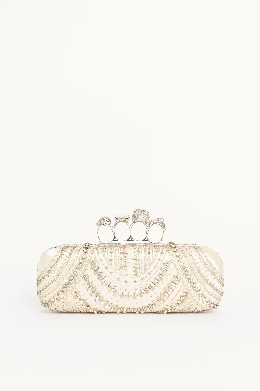 White Satin Embellished Knuckle Clutch Bag