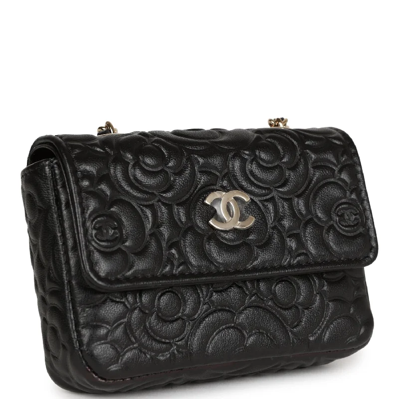 Chanel Camellia Embossed Belt Bag Black Lambskin Light Gold Hardware