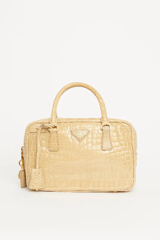 Beige Crocodile Bauletto Top Handle Bag