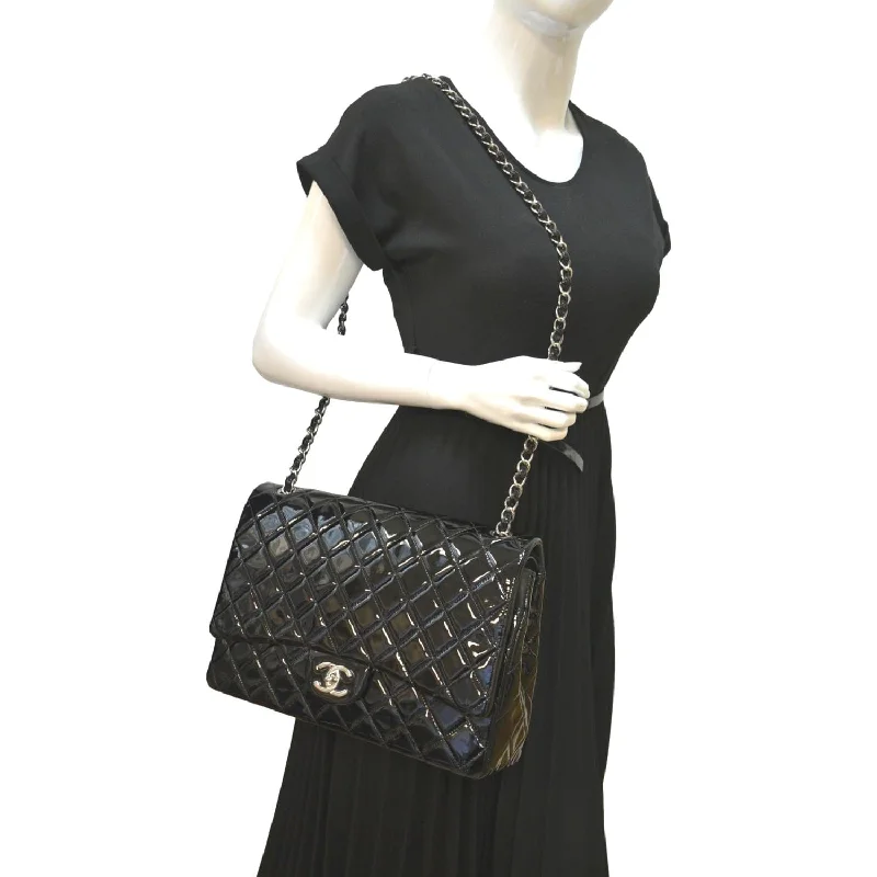 CHANEL Classic Maxi Double Flap Quilted Patent Leather Shoulder Bag Black