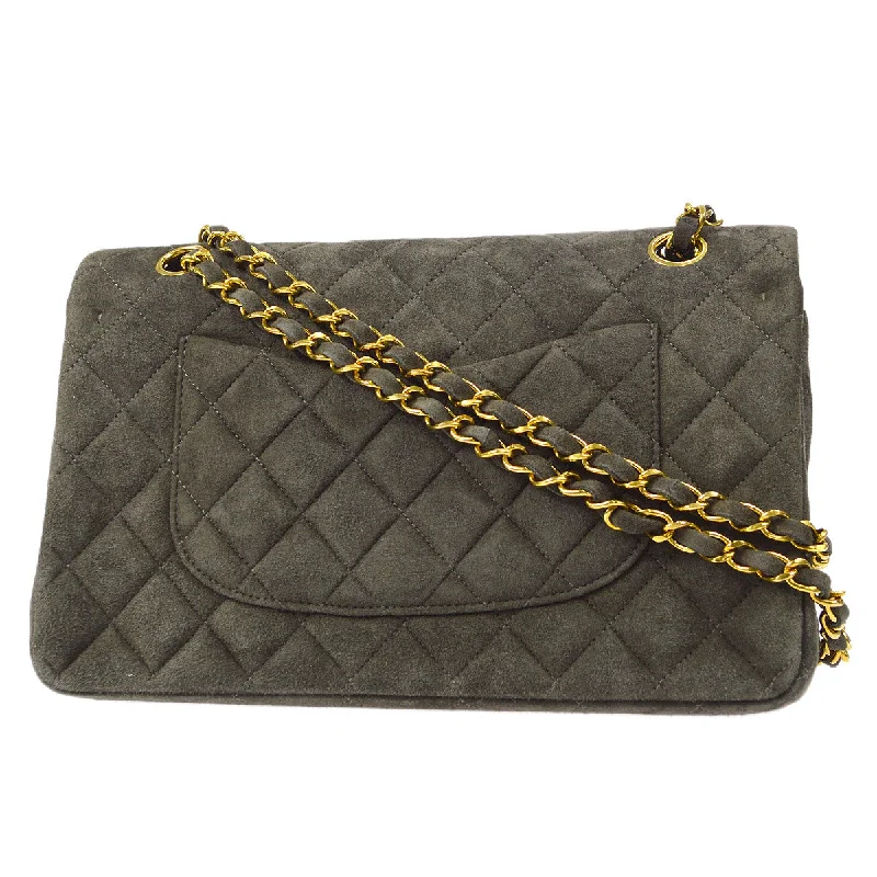 CHANEL Classic Double Flap Medium Shoulder Bag Gray Suede