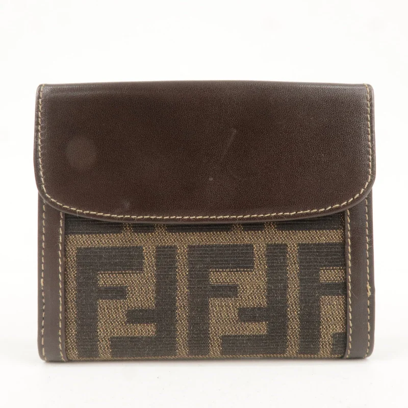 FENDI Zucca Canvas Leather Double Hook Wallet Brown Black 12671