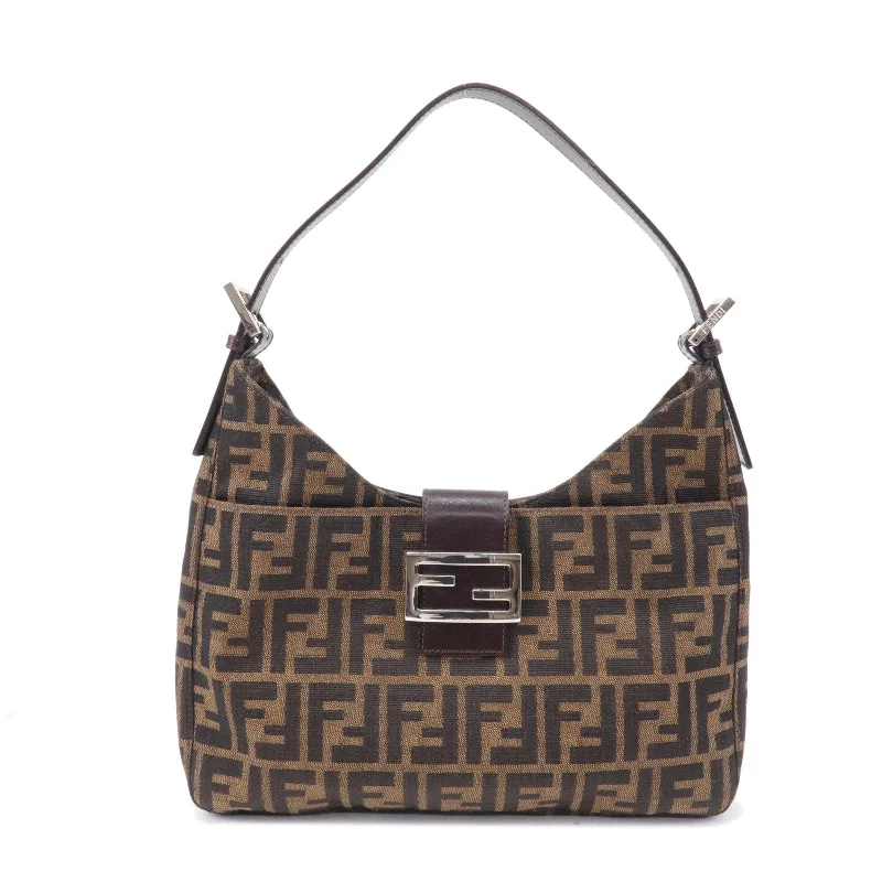 FENDI Zucca Canvas Leather Shoulder Bag Brown Black Brown