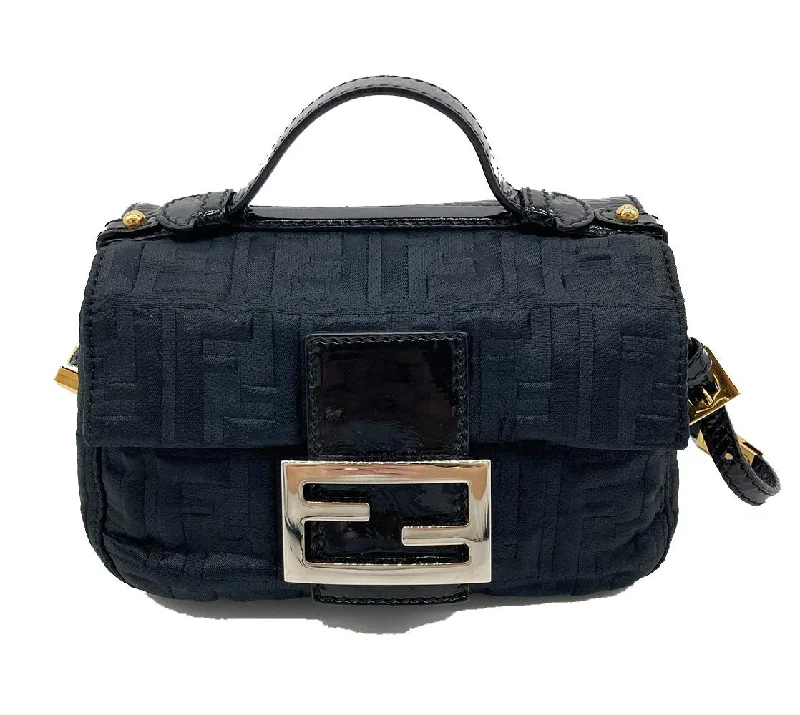 FENDI Black Patent and Silk Zucca Double Mini Baguette