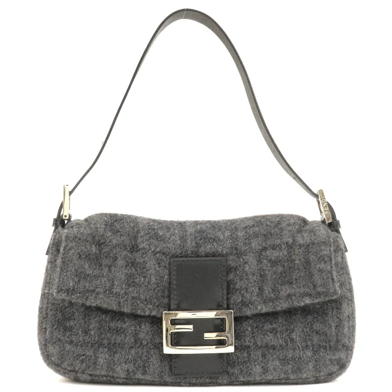 FENDI Mamma Baguette Knit Leather Shoulder Bag Gray 26424