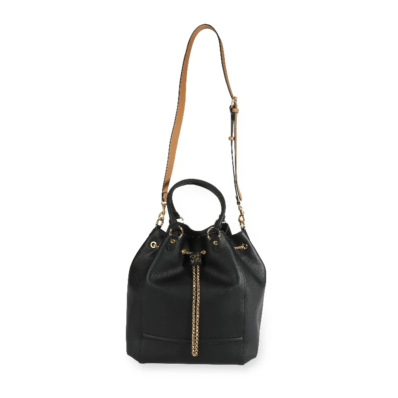 FENDI Black Vitello Leather Karligraphy Chain Bucket Bag