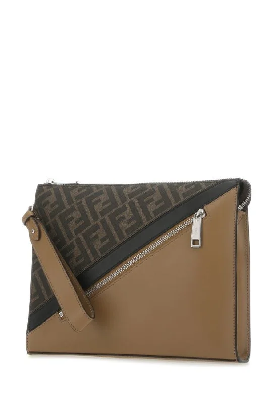 Fendi Man Multicolor Fabric And Leather Clutch