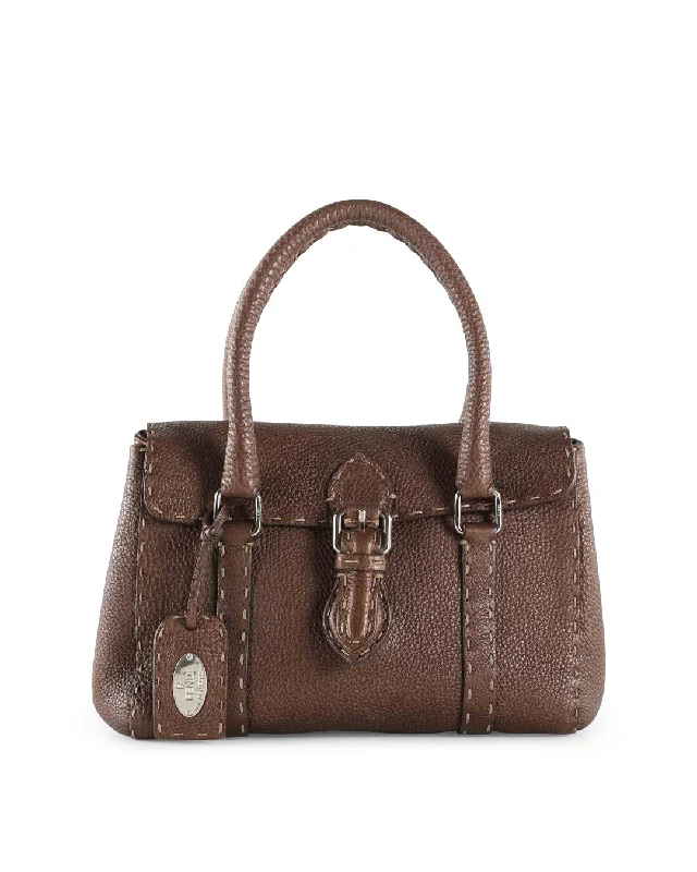 FENDI Brown Grained Leather Small Selleria Satchel Handle Bag