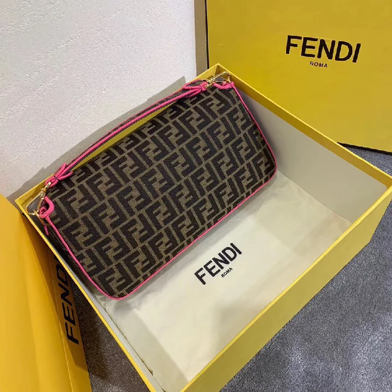 Fendi Baguette Large Bag In FF Fabric With Pink Trim