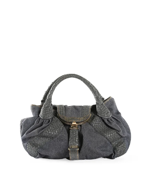 FENDI Blue Denim & Lattice Woven Leather Handles Spy Bag