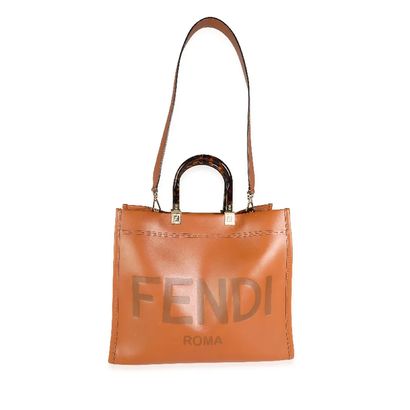 FENDI Brown Debossed Leather & Tortoiseshell Plexiglass Medium Sunshine Shopper