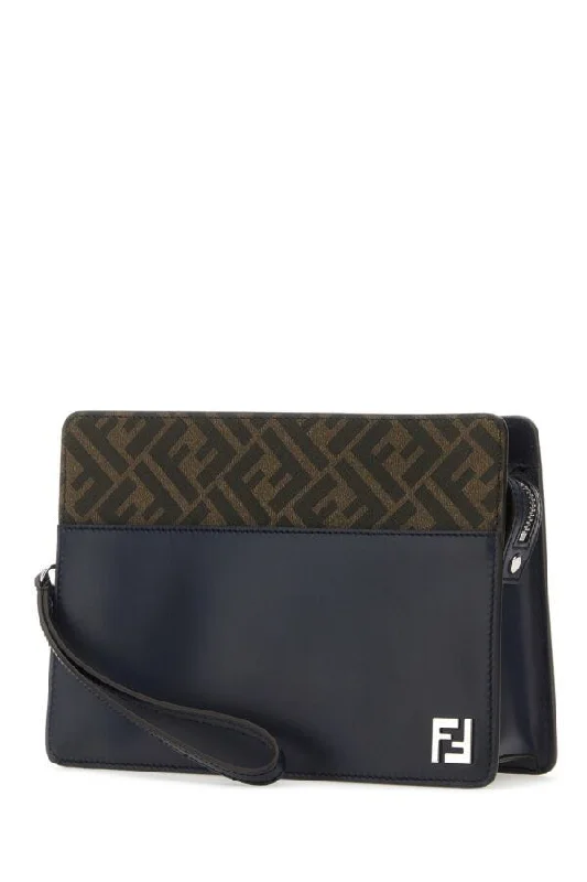 Fendi Man Embroidered Canvas And Leather Standing Clutch